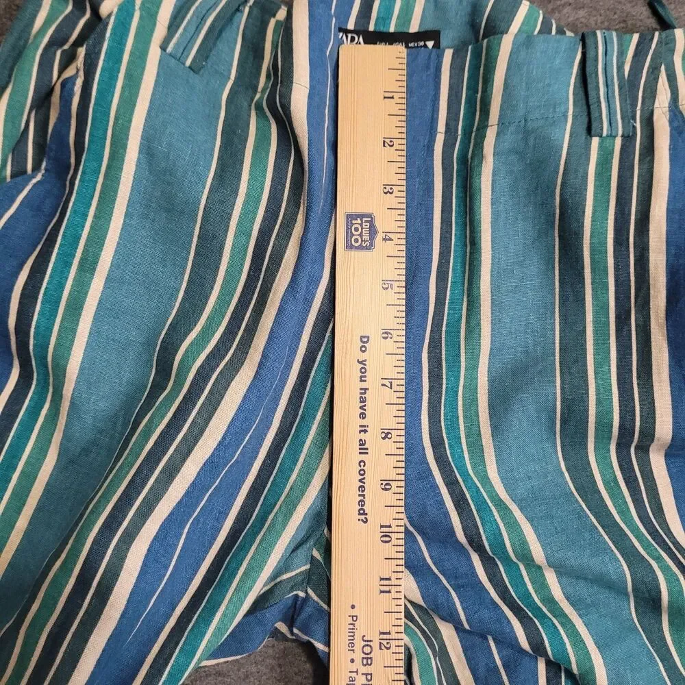 Zara large trousers striped blue zip wide leg linen blend pockets